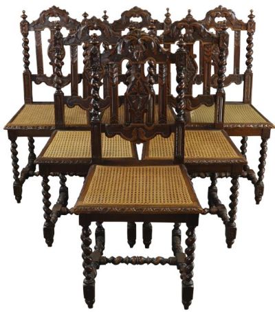 Antique Dining Chairs Set 6 French Hunting Renaissance Carved Oak Wood Cane 1890