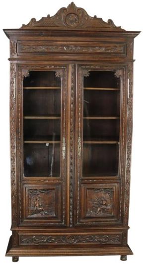 Bookcase Brittany Antique French 1880 Carved Country People Figures Glass 2-Door
